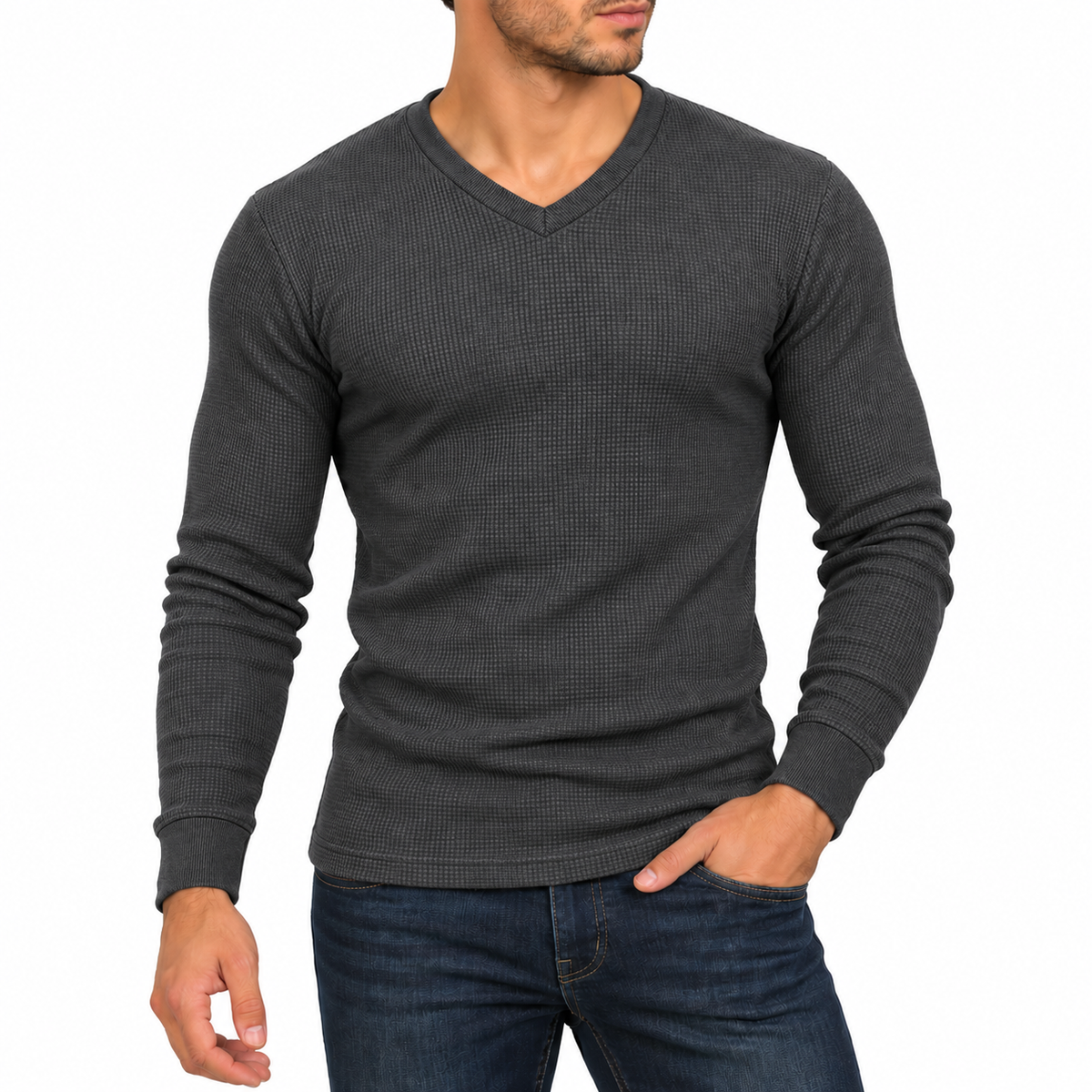 Men's Waffle-Knit Long Sleeve V-Neck Shirt in Charcoal