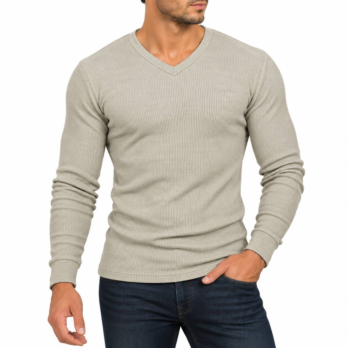 Men's Waffle-Knit Long Sleeve V-Neck Shirt in Oatmeal
