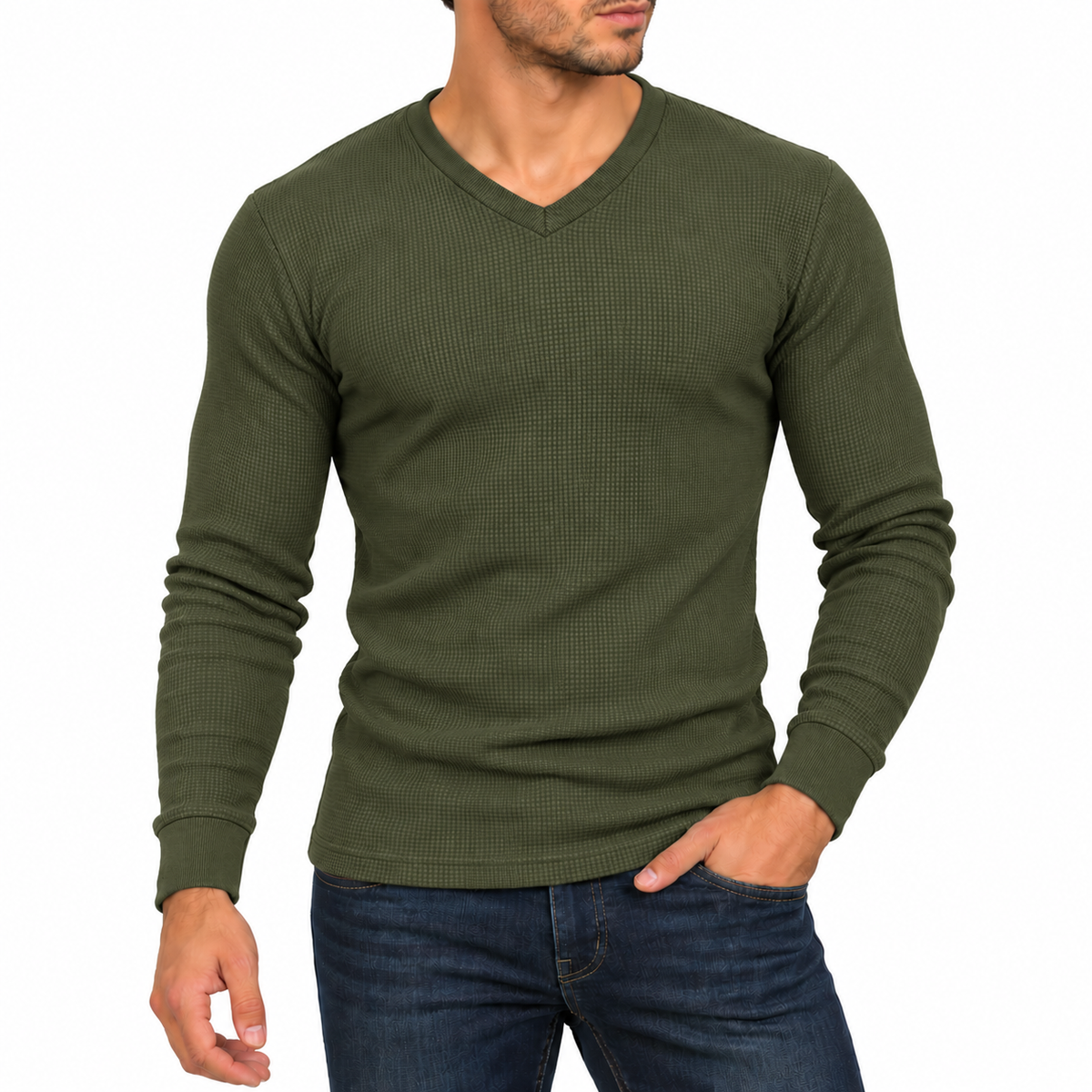 Men's Waffle-Knit Long Sleeve V-Neck Shirt in Olive