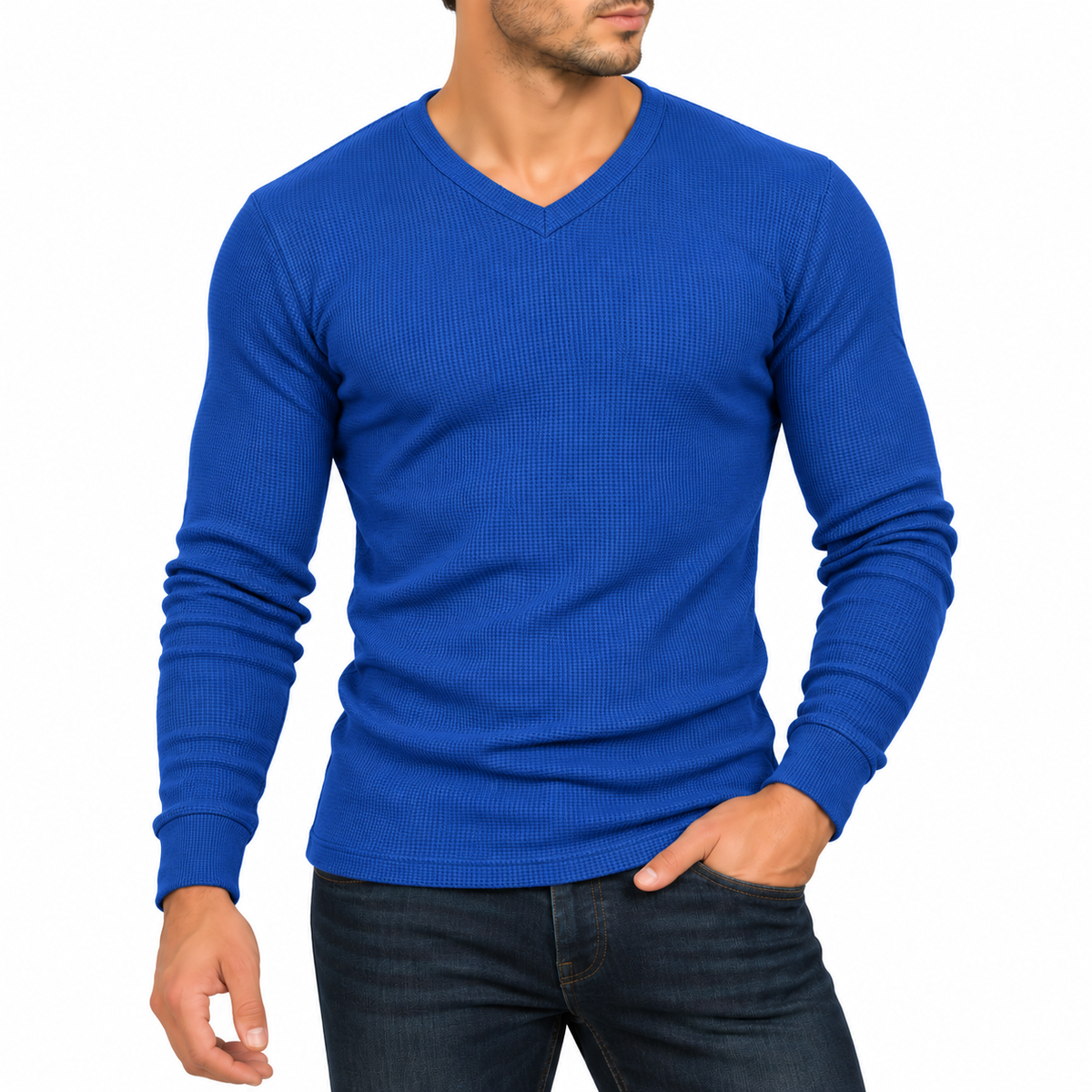 Men's Waffle-Knit Long Sleeve V-Neck Shirt in Royal Blue