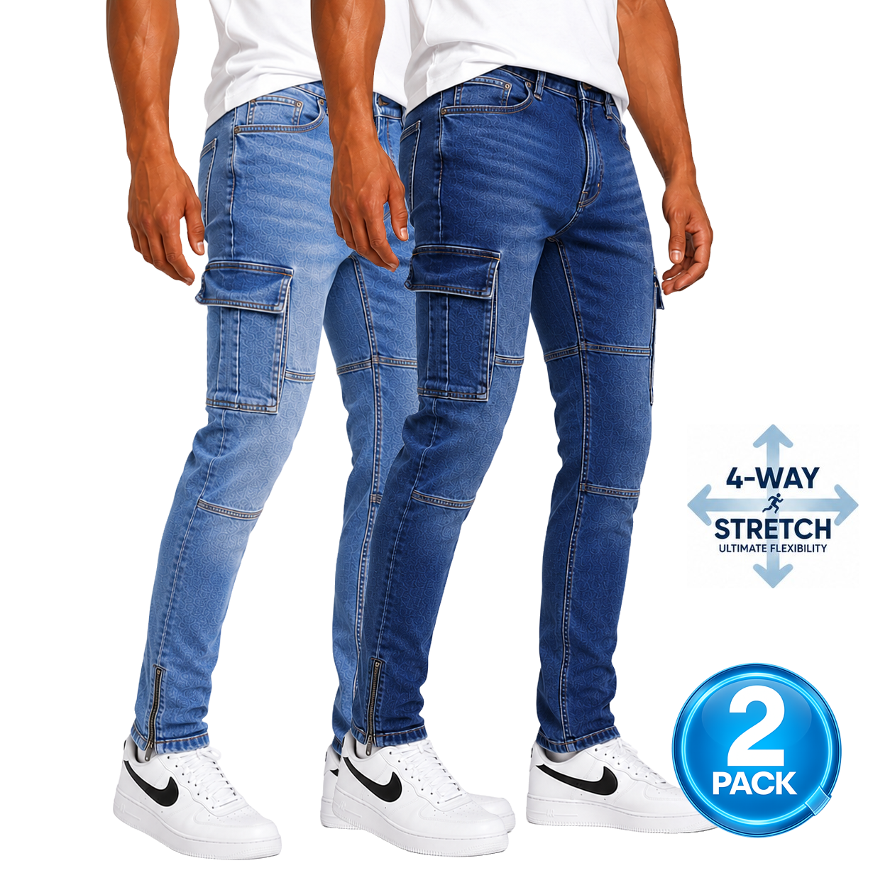 Men's 2-Pack Stretch Cargo Pocket Jeans in Medium Wash / Dark Wash