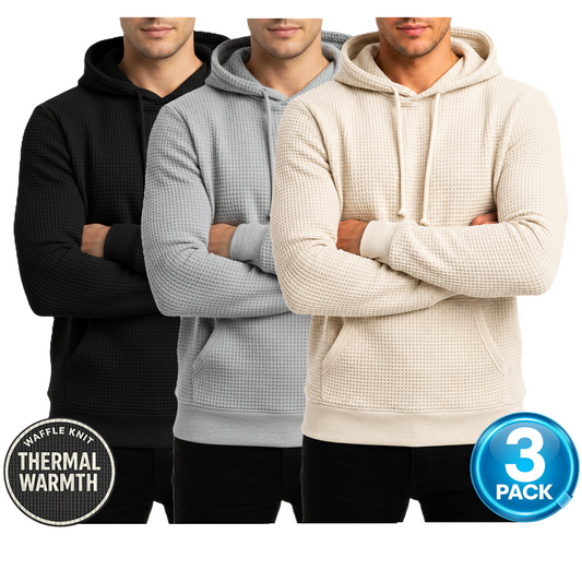 Men's 3-Pack Waffle-Knit Thermal Pullover Hoodie in Black / Heather Grey / Natural