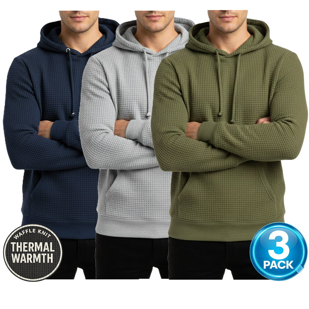 Men's 3-Pack Waffle-Knit Thermal Pullover Hoodie in Navy / Heather Grey / Olive