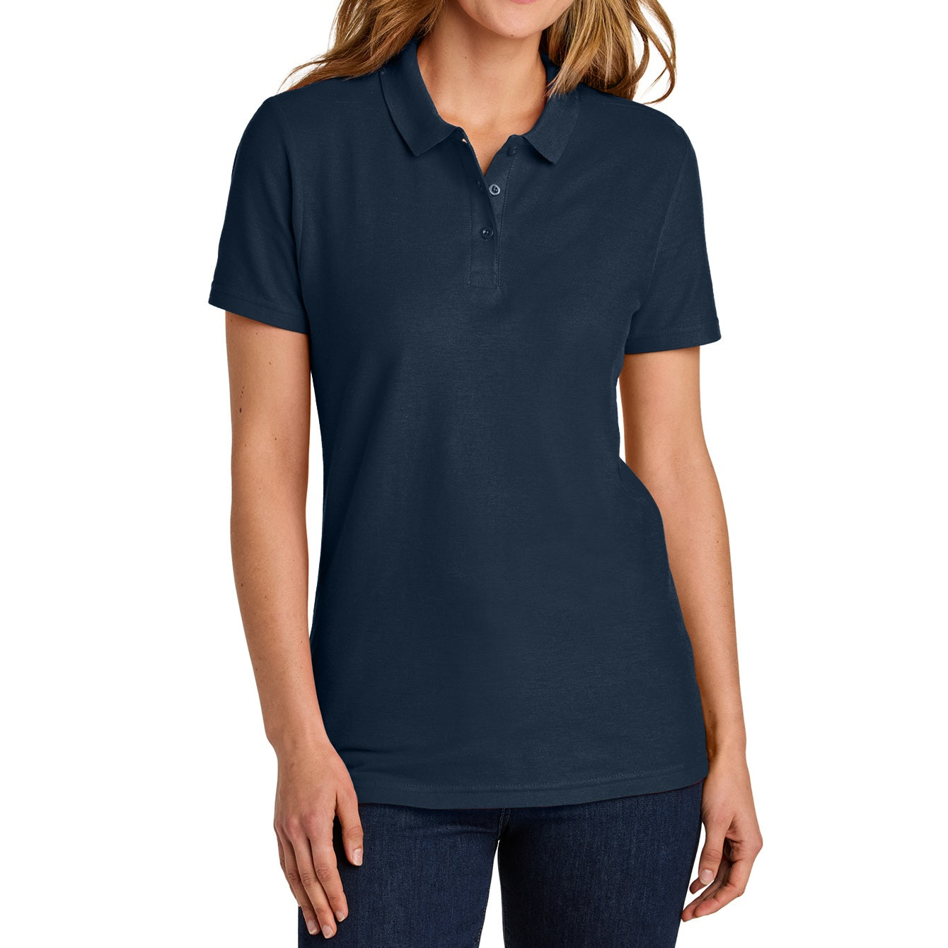 Young Women's Short Sleeve Jersey Knit School Polo Shirt in Navy