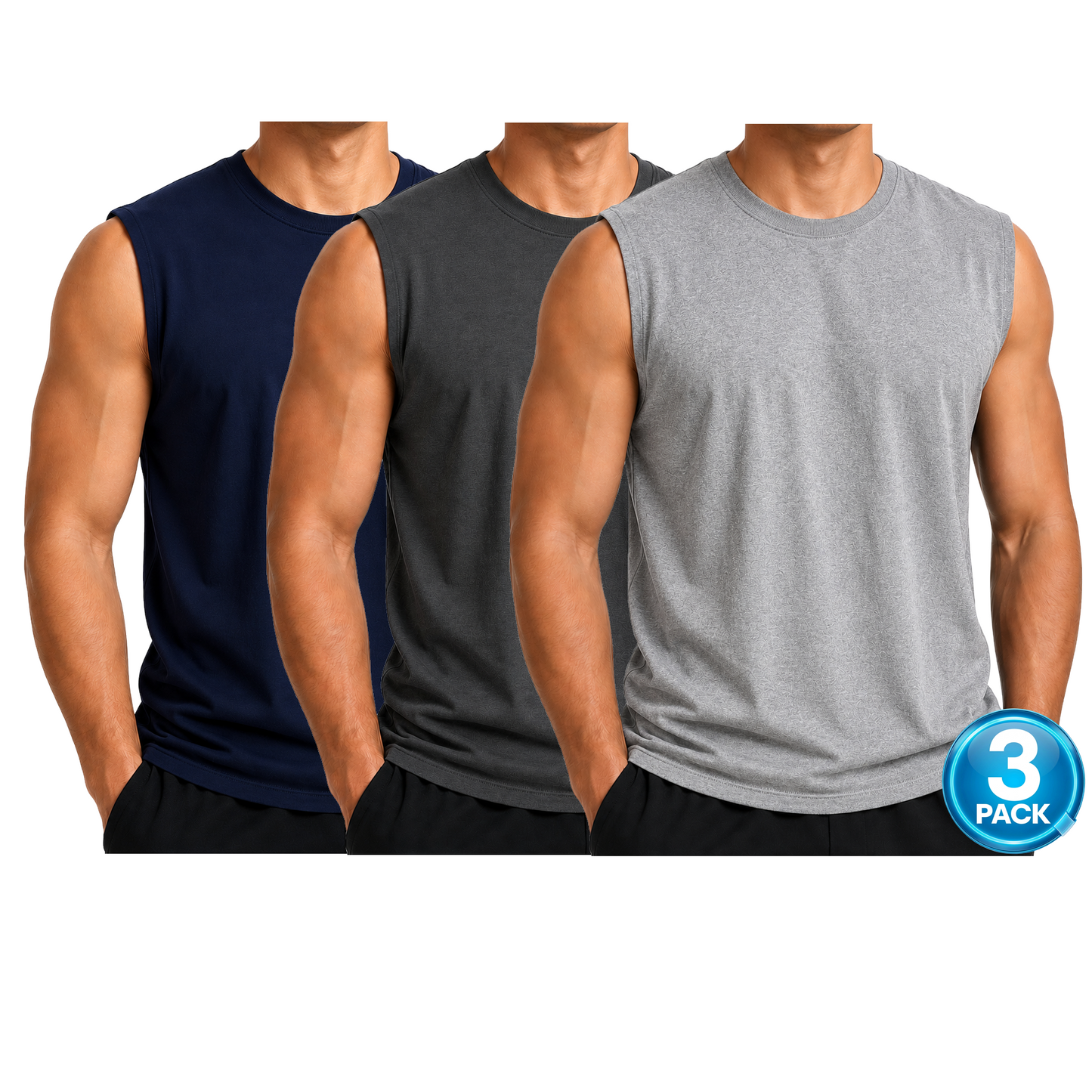 Men's 3-Pack Cotton Muscle Tee - Navy / Charcoal / Heather Grey