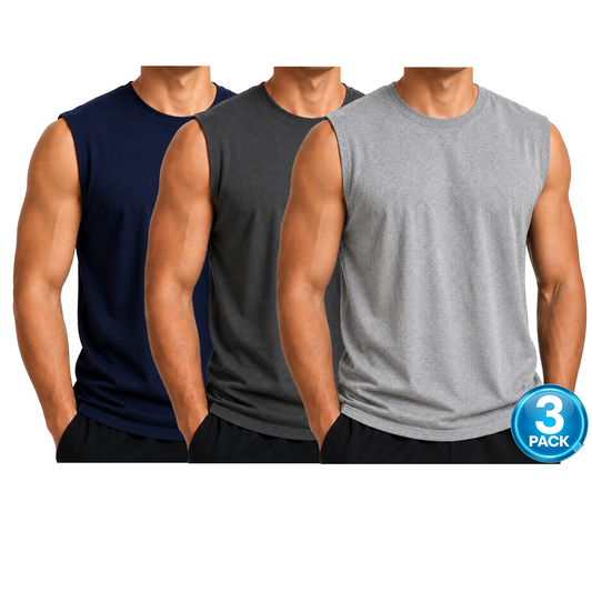 Men's 3-Pack Cotton Muscle Tee - Navy / Charcoal / Heather Grey