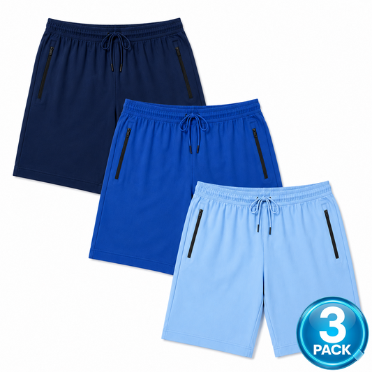 Men's 3-Pack Performance Workout Shorts With Zippered Pockets - Navy / Royal / Light Blue