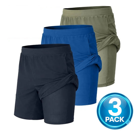 Men's 3-Pack Workout Shorts with Compression Liner – Navy / Royal Blue / Sage
