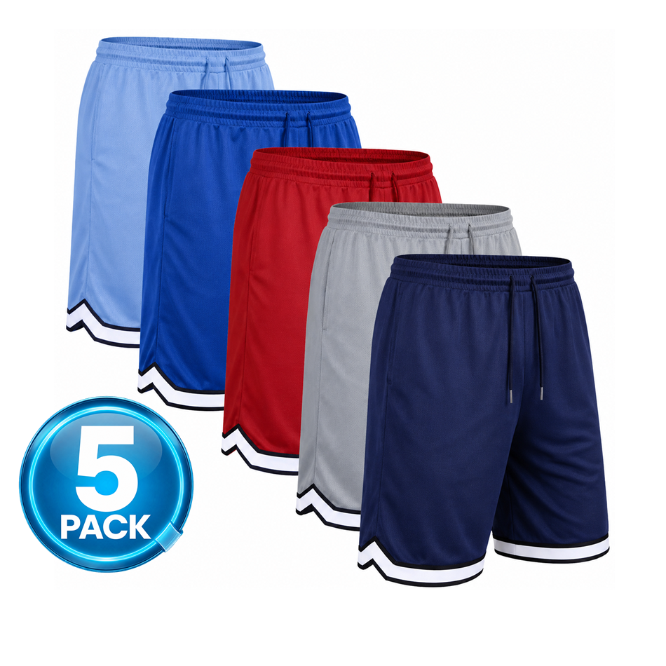Men's 5-Pack Mesh Athletic Shorts with Trim - Navy / Silver / Red / Royal / Carolina