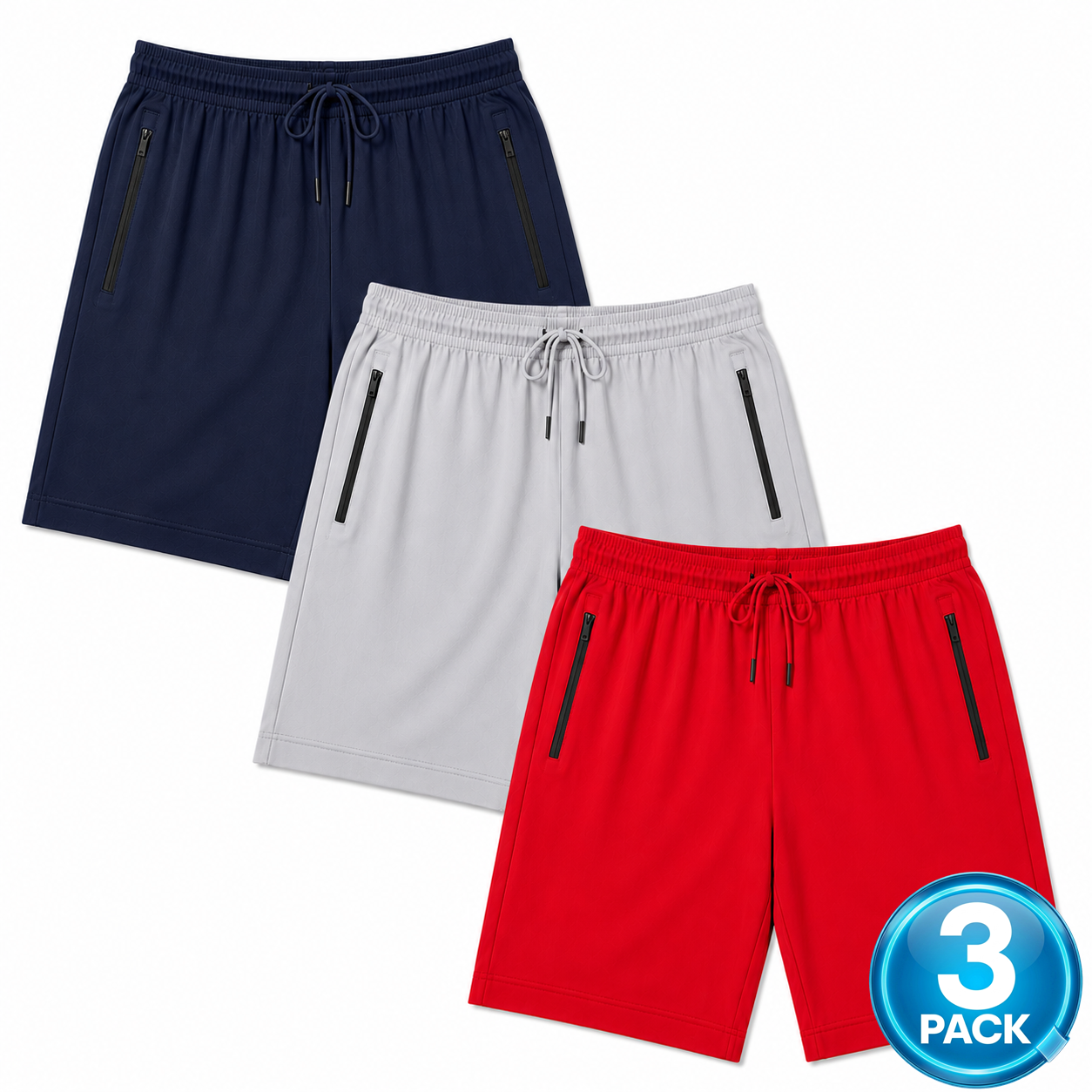 Men's 3-Pack Performance Workout Shorts With Zippered Pockets - Navy / Silver / Red
