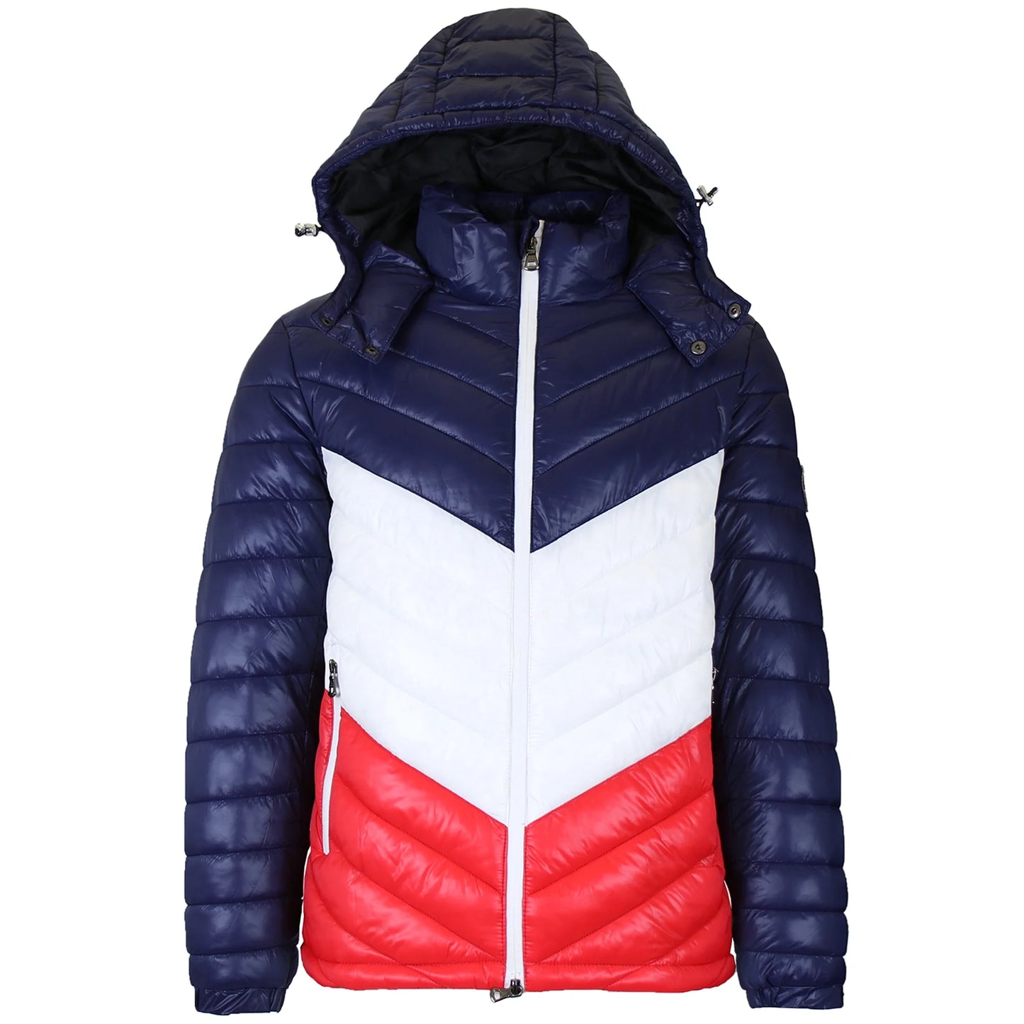 Men's 3 Color Hooded Bubble Jacket in Navy / White / Red