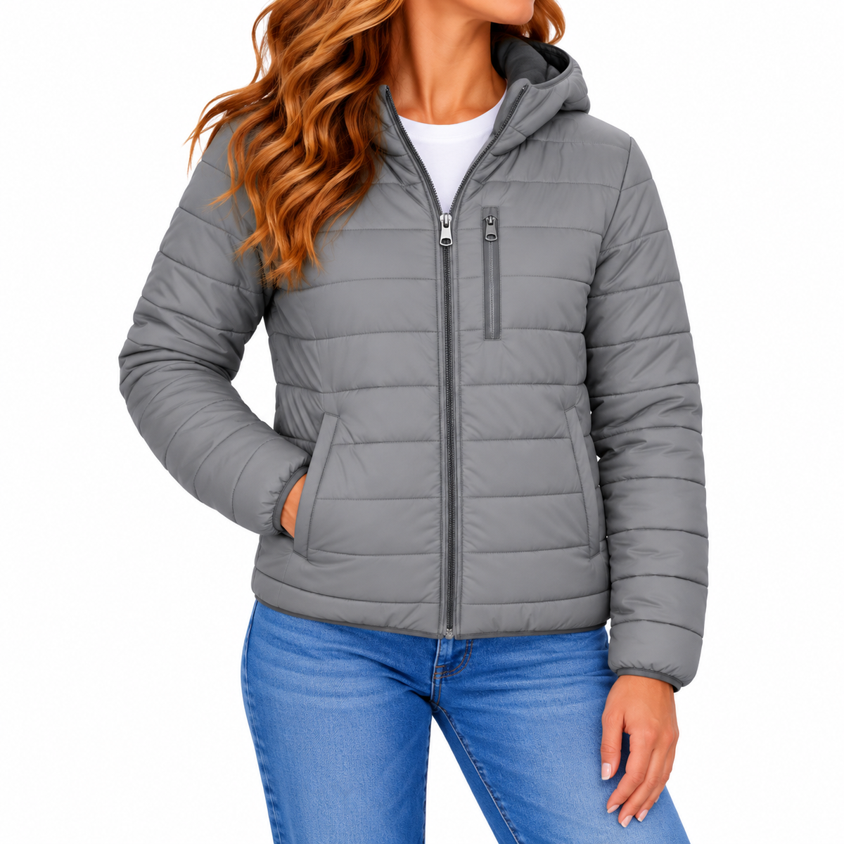 Women's Classic Sherpa Fleece Lined Hooded Puffer Jacket in Grey