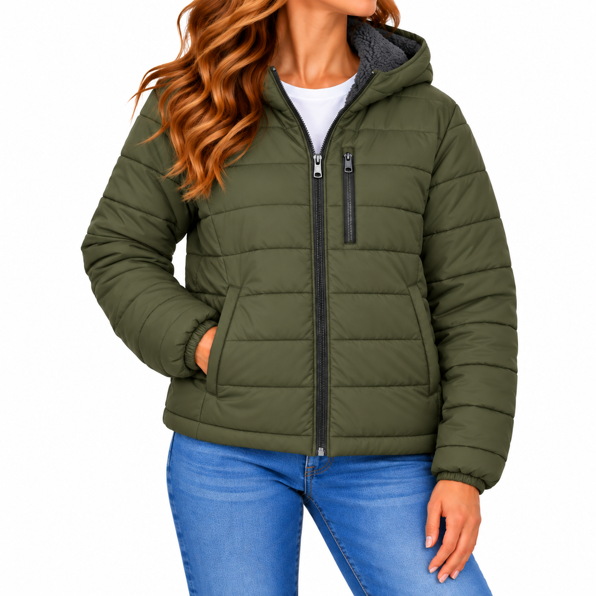 Women's Classic Sherpa Fleece Lined Hooded Puffer Jacket in Olive