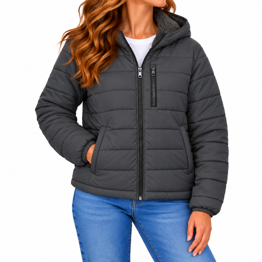 Women's Classic Sherpa Fleece Lined Hooded Puffer Jacket in Charcoal