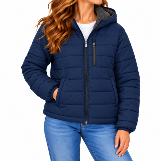 Women's Classic Sherpa Fleece Lined Hooded Puffer Jacket in Navy