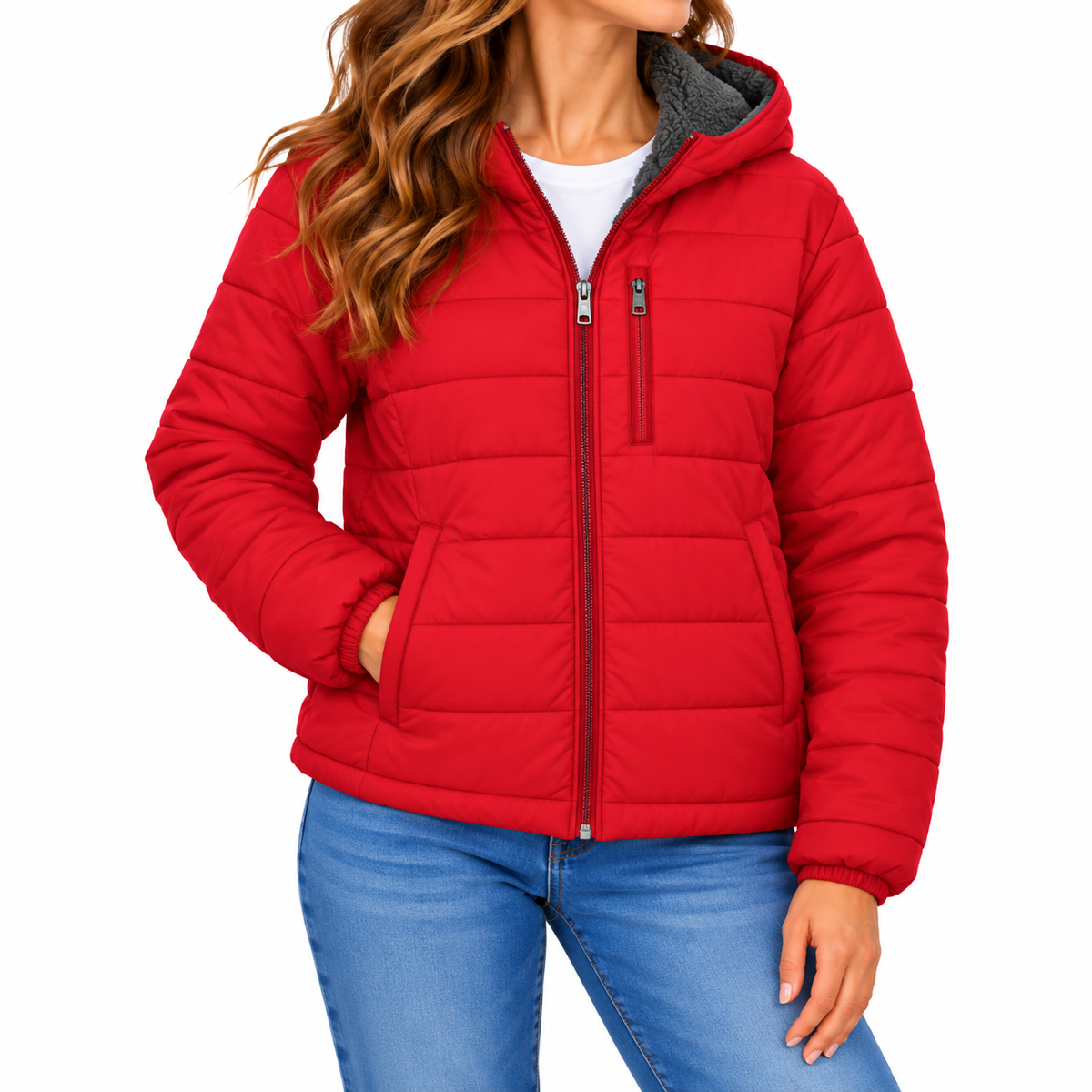Women's Classic Sherpa Fleece Lined Hooded Puffer Jacket in Red