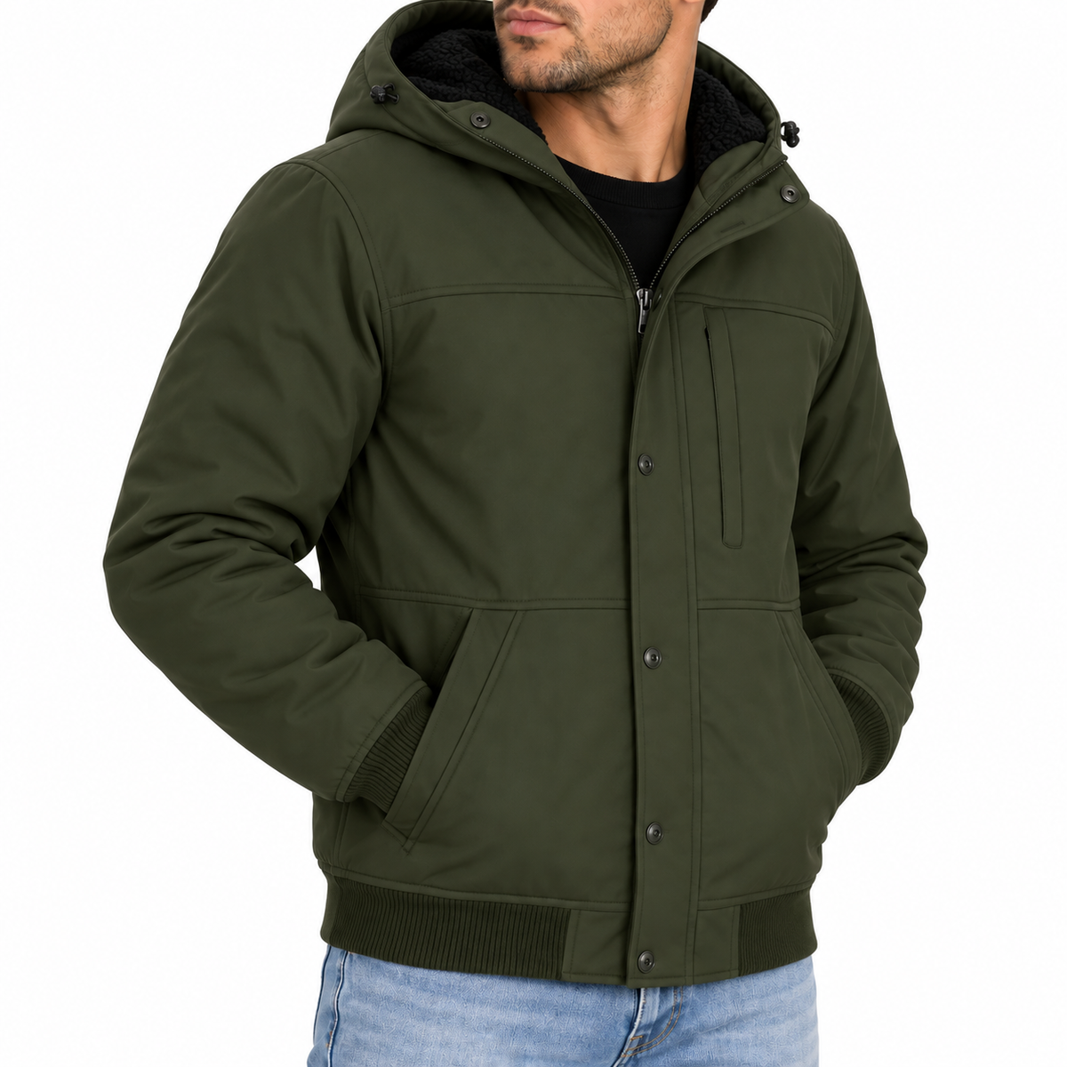 Men's Heavyweight Sherpa Fleece Lined Hooded Winter Bomber Jacket in Olive
