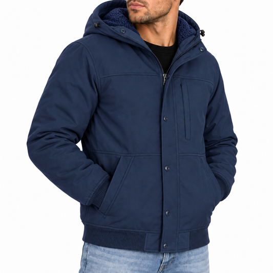 Men's Heavyweight Sherpa Fleece Lined Hooded Winter Bomber Jacket in Navy