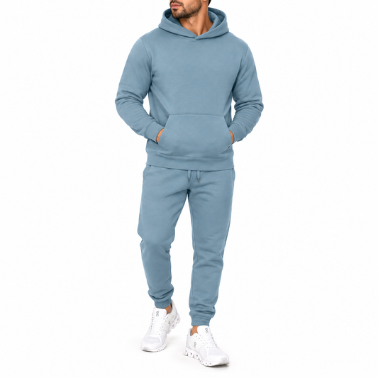 Men's Heavyweight Soft Fleece Cotton Blend Pullover Hoodie & Sweatpants Set in Smokey Blue