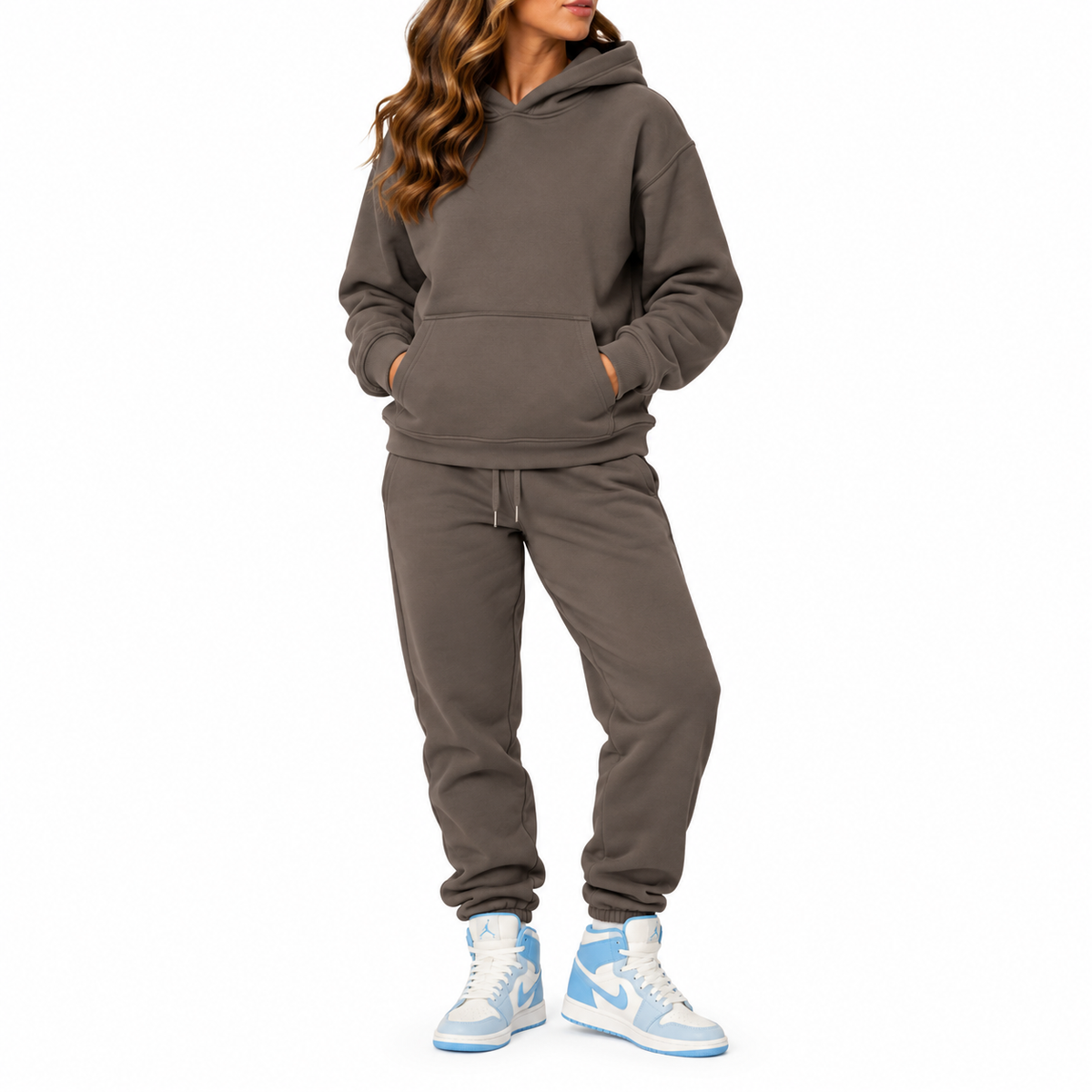 Women's Heavyweight Soft Fleece Cotton Blend Pullover Hoodie & Sweatpants Set in Khaki Brown