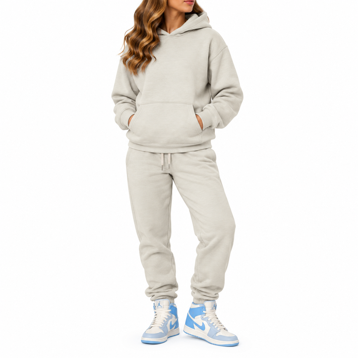 Women's Heavyweight Soft Fleece Cotton Blend Pullover Hoodie & Sweatpants Set in Light Oatmeal