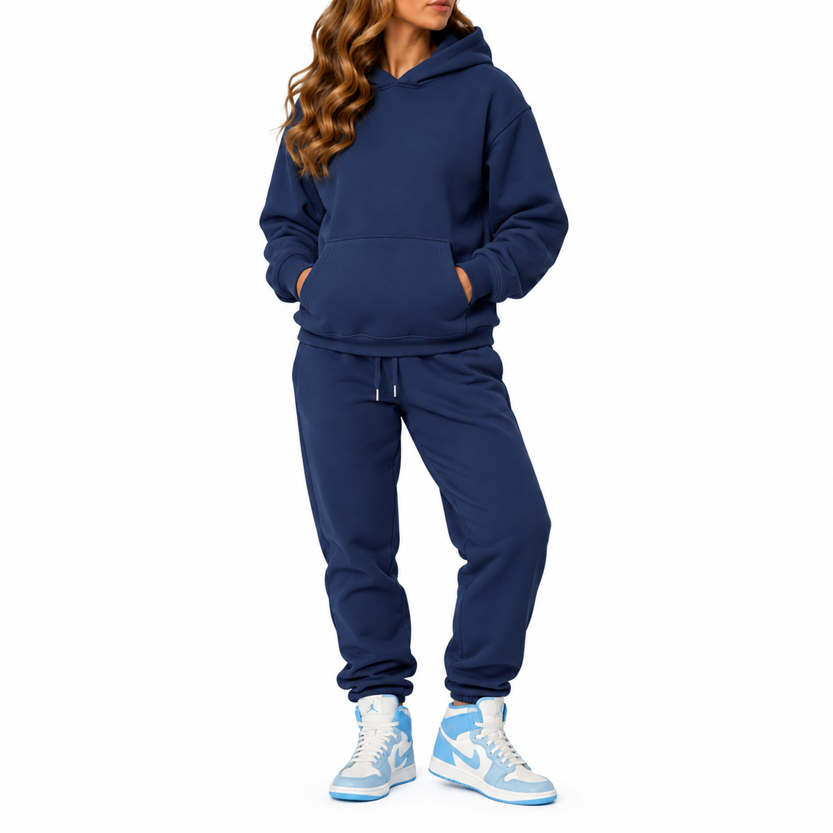 Women's Heavyweight Soft Fleece Cotton Blend Pullover Hoodie & Sweatpants Set in Navy