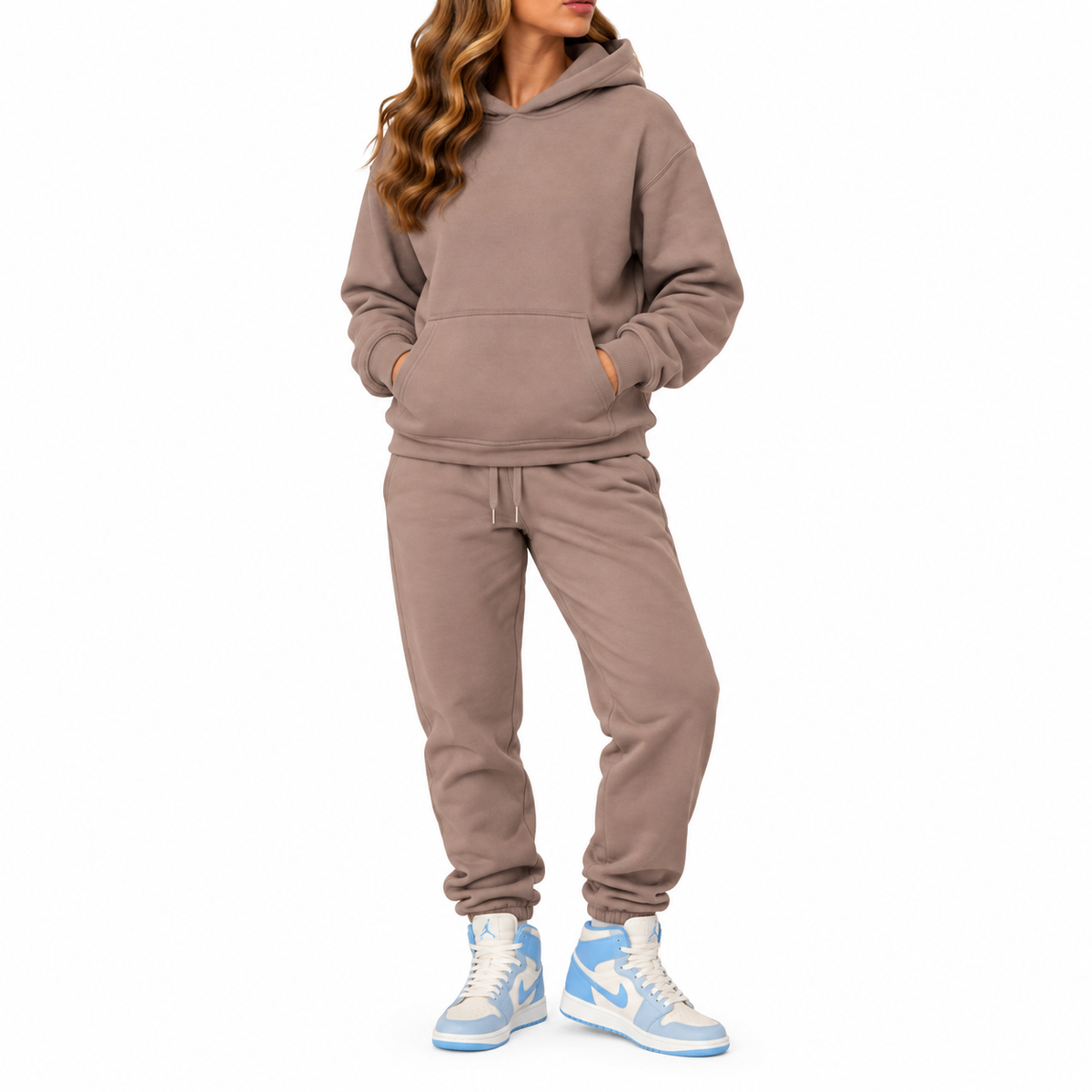 Women's Heavyweight Soft Fleece Cotton Blend Pullover Hoodie & Sweatpants Set in Taupe