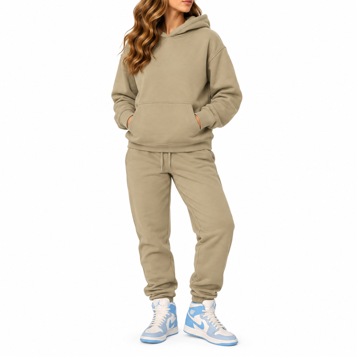Women's Heavyweight Soft Fleece Cotton Blend Pullover Hoodie & Sweatpants Set in Olive Sand