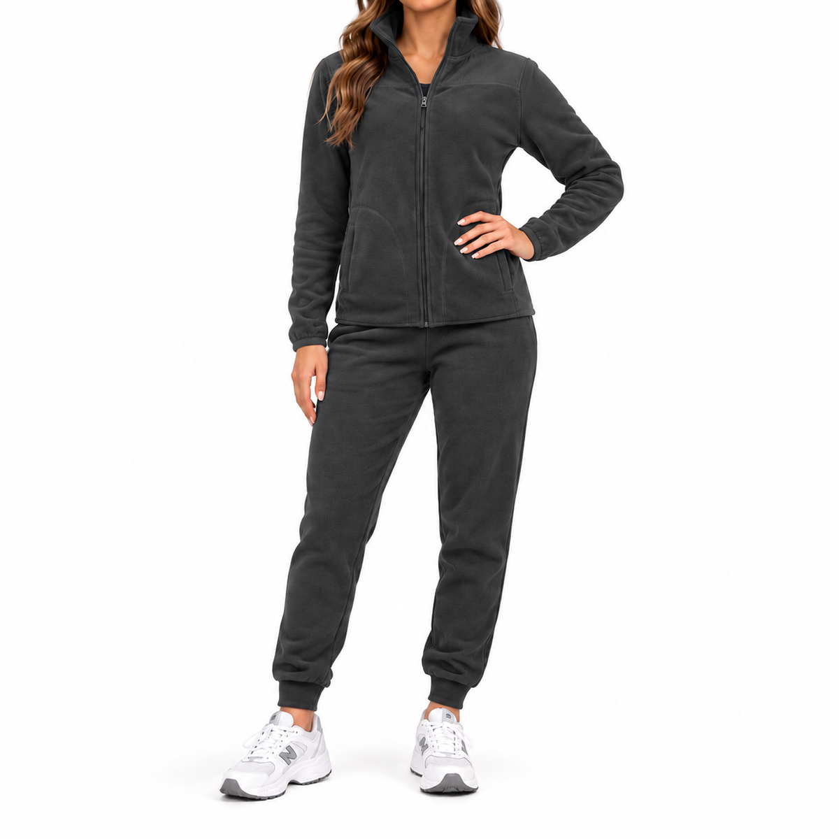 Women's 2-Piece Polar Fleece Full Zip Sweatshirt & Jogger Matching Set in Charcoal
