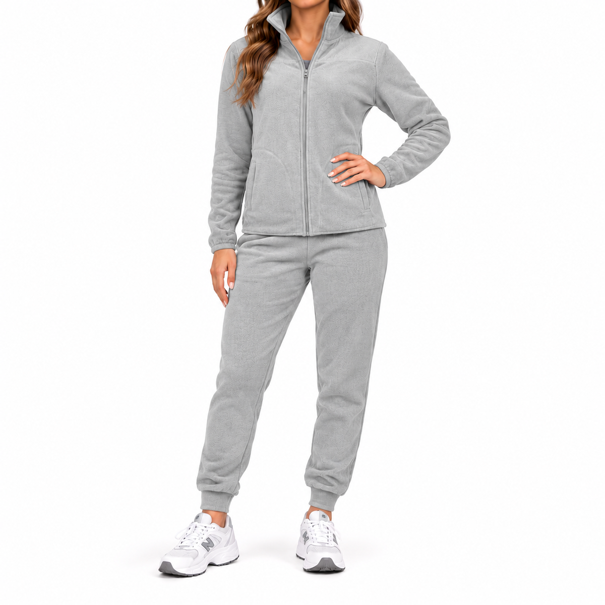 Women's 2-Piece Polar Fleece Full Zip Sweatshirt & Jogger Matching Set in Grey