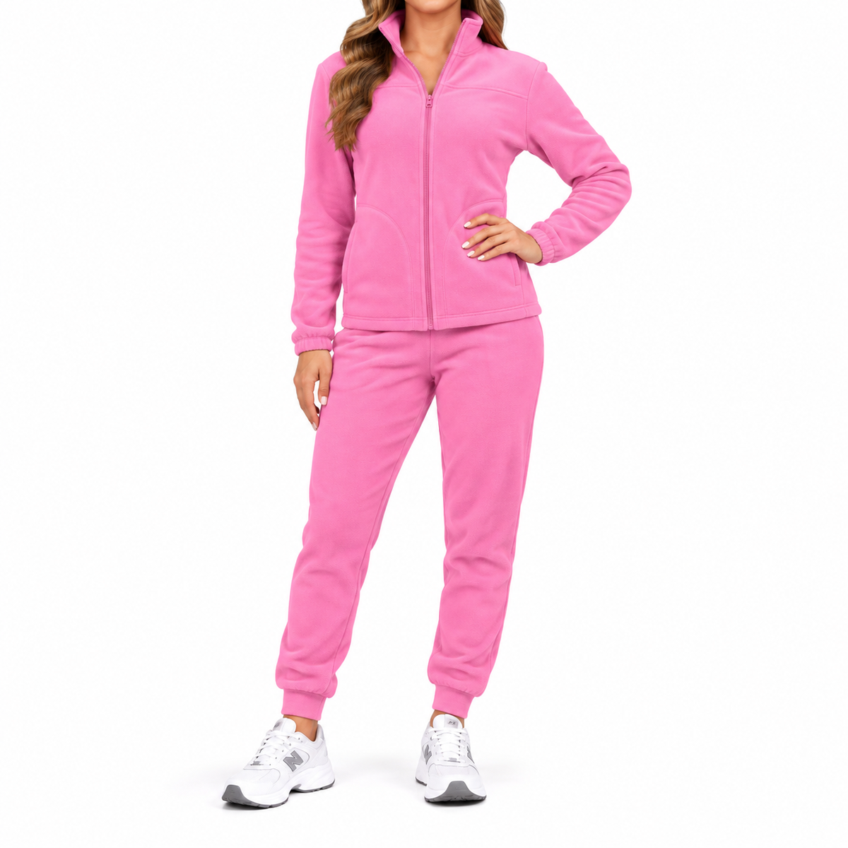 Women's 2-Piece Polar Fleece Full Zip Sweatshirt & Jogger Matching Set in Pink