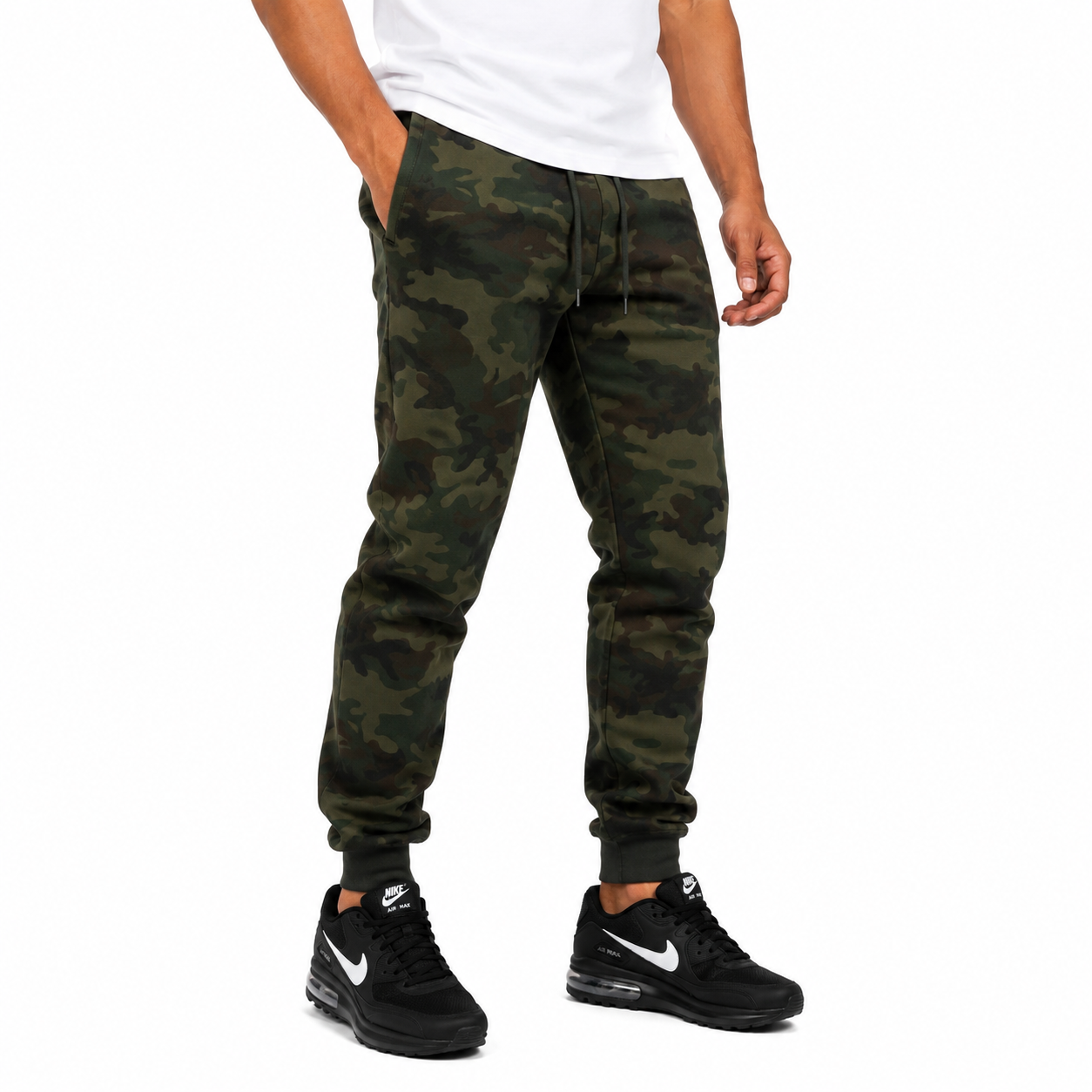 Men's Fleece Athletic Jogger Sweatpants with Drawstring in Woodland Camo
