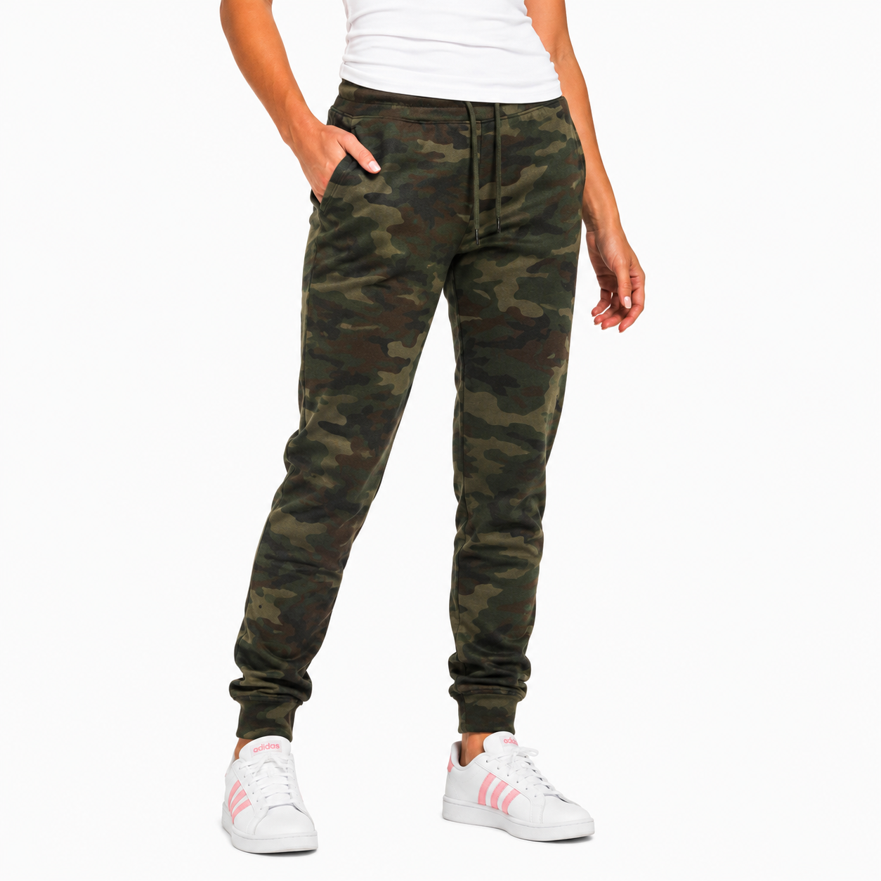 Women's Fleece Athletic Jogger Sweatpants with Drawstring in Woodland Camo