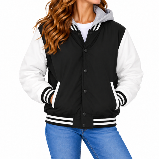 Women's Hooded Varsity Jacket With Detachable Hood in Black with White Sleeves