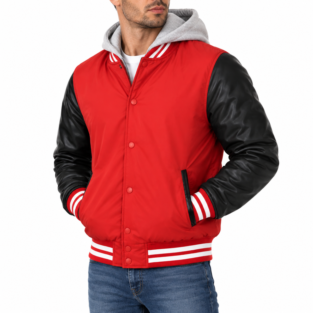 Men's Hooded Varsity Jacket With Detachable Hood in Black with Red Sleeves