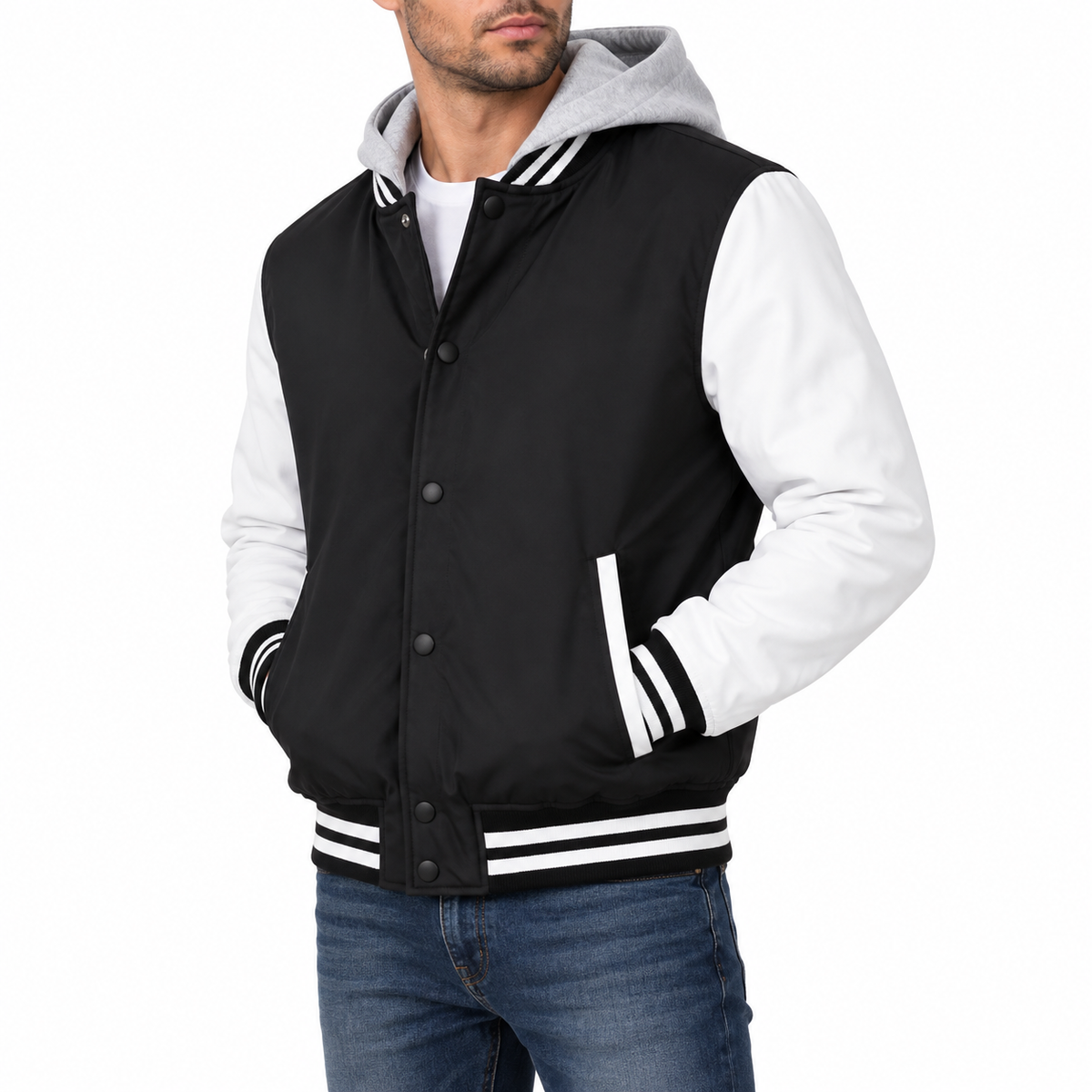 Men's Hooded Varsity Jacket With Detachable Hood in Black with White Sleeves
