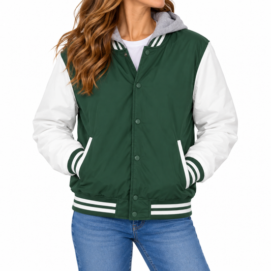 Women's Hooded Varsity Jacket With Detachable Hood in Hunter Green with White Sleeves
