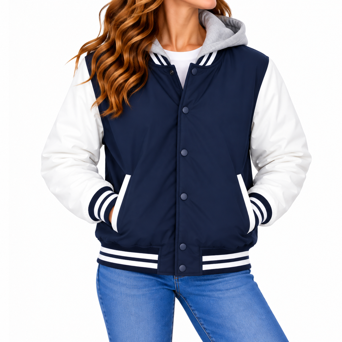 Women's Hooded Varsity Jacket With Detachable Hood in Navy with White Sleeves