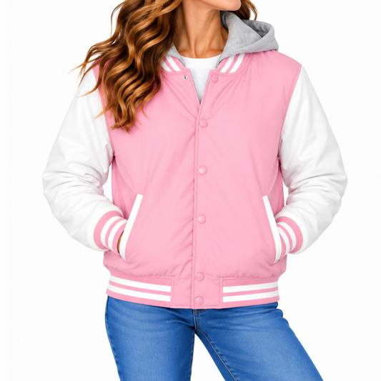 Women's Hooded Varsity Jacket With Detachable Hood in Pink with White Sleeves