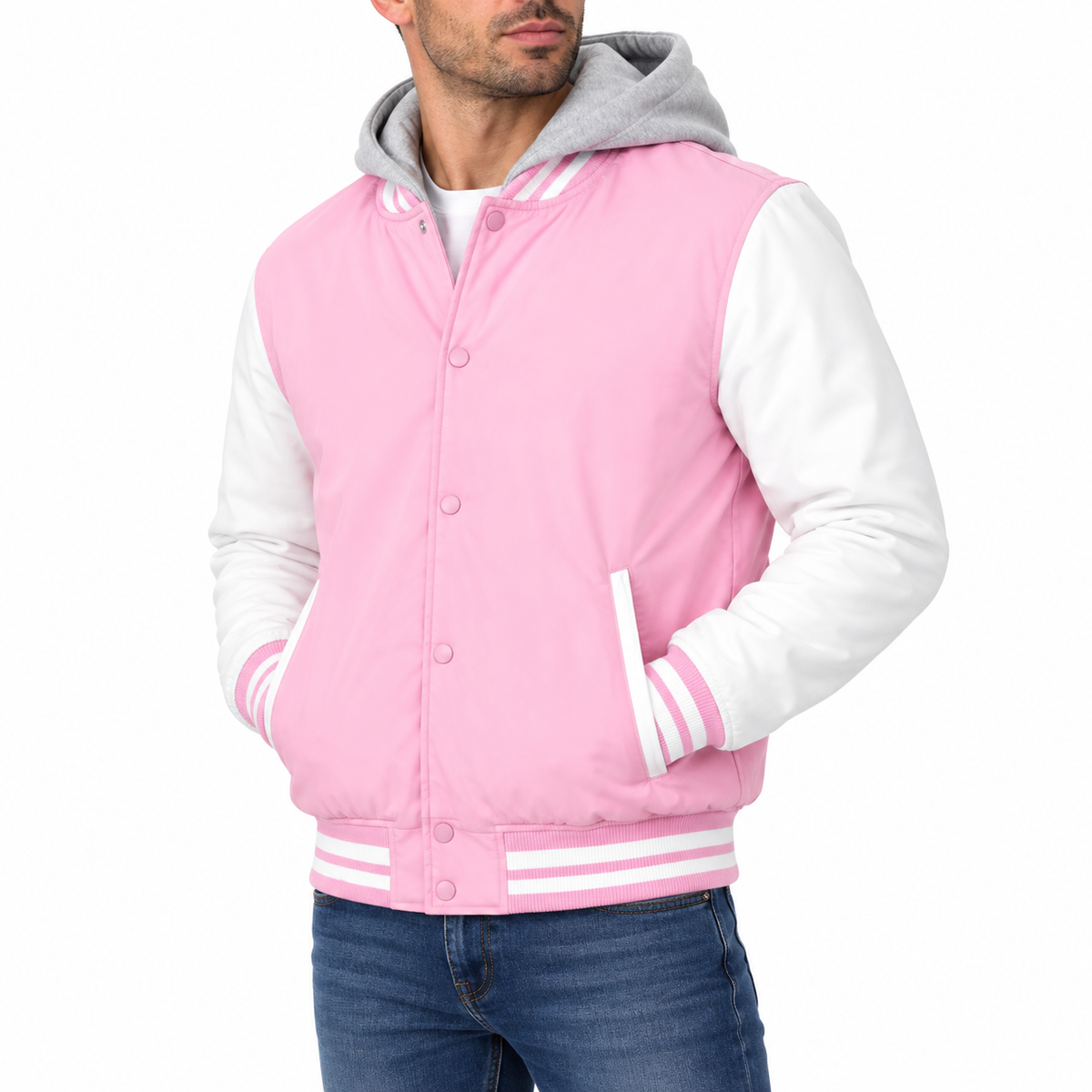 Men's Hooded Varsity Jacket With Detachable Hood in Pink with White Sleeves