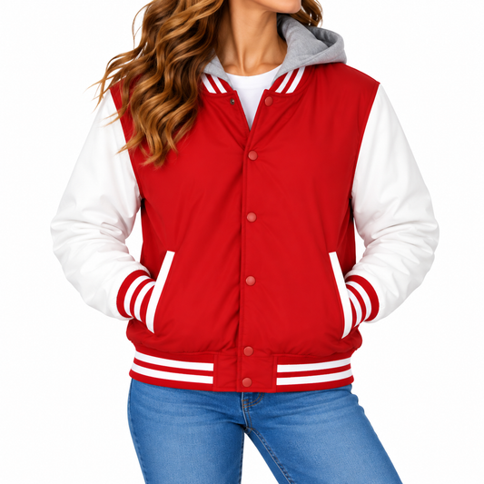 Women's Hooded Varsity Jacket With Detachable Hood in Red with White Sleeves