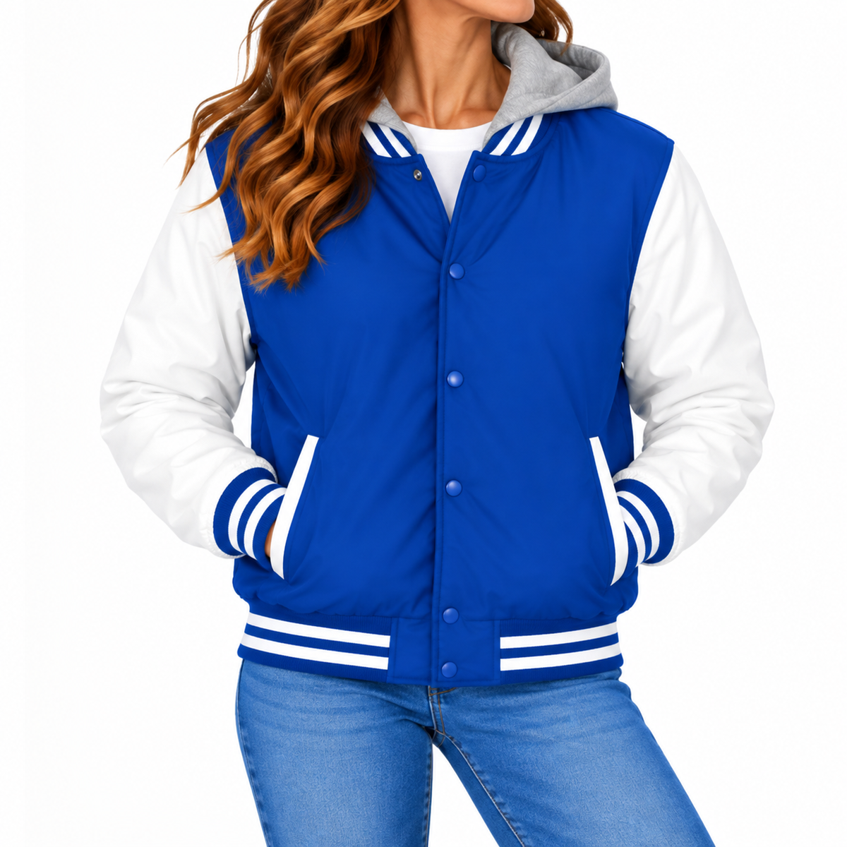Women's Hooded Varsity Jacket With Detachable Hood in Royal Blue with Royal Blue Sleeves