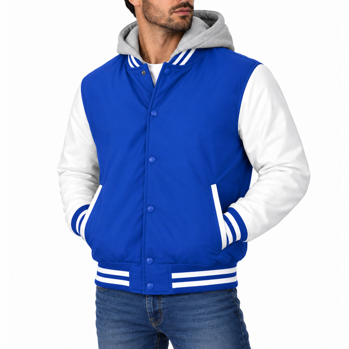 Men's Hooded Varsity Jacket With Detachable Hood in Royal Blue with Royal Blue Sleeves