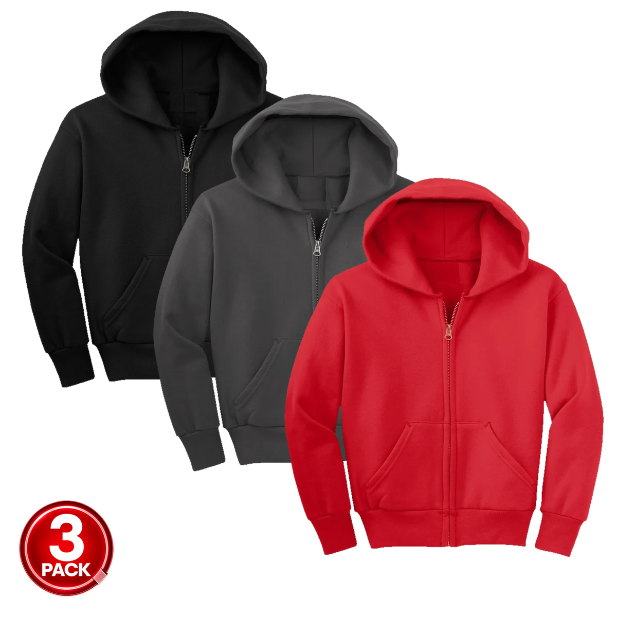 Youth Unisex 3-Pack Fleece Zip Up Hoodie in Black / Charcoal / Red
