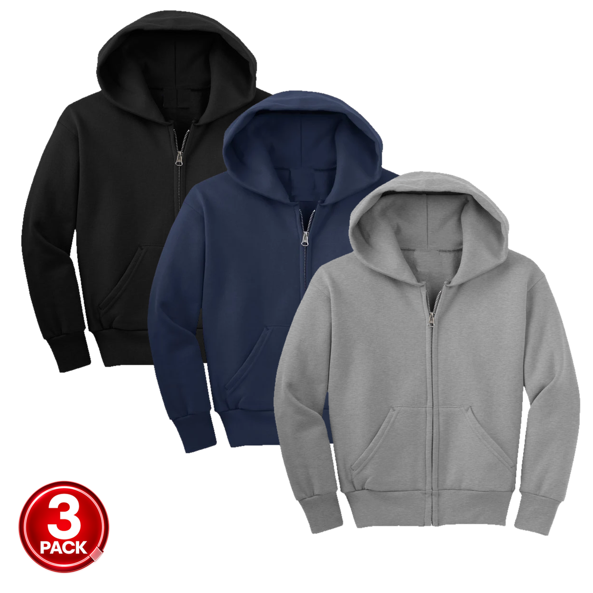 Youth Unisex 3-Pack Fleece Zip Up Hoodie in Black / Navy / Heather Grey