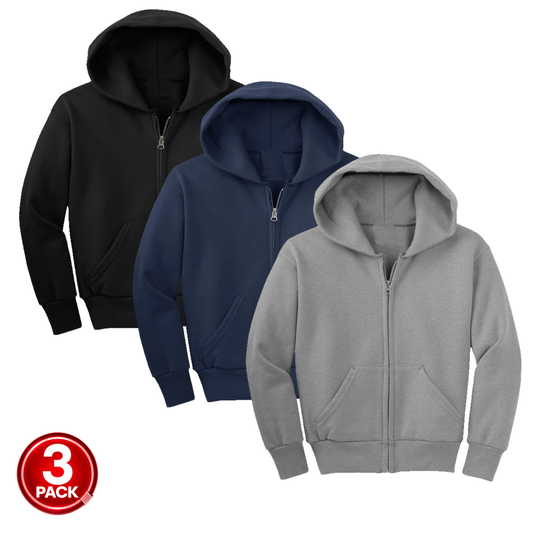 Youth Unisex 3-Pack Fleece Zip Up Hoodie in Black / Navy / Heather Grey