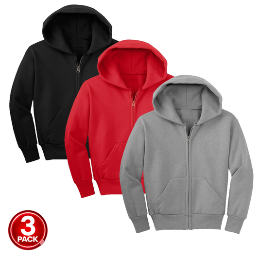 Youth Unisex 3-Pack Fleece Zip Up Hoodie in Black / Red / Heather Grey