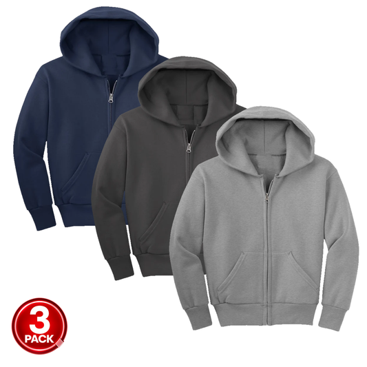 Youth Unisex 3-Pack Fleece Zip Up Hoodie in Navy / Charcoal / Heather Grey