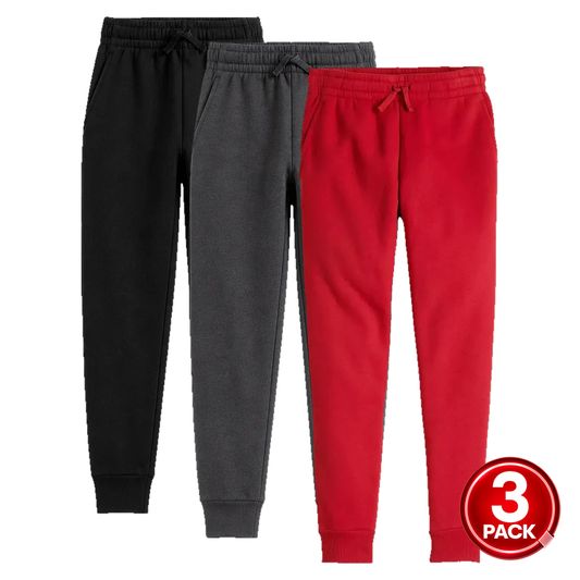 Youth Size 3-Pack Unisex Fleece Jogger Sweatpants in Black / Charcoal / Red