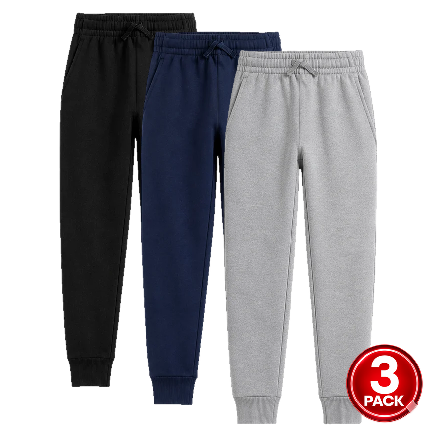 Youth Size 3-Pack Unisex Fleece Jogger Sweatpants in Black / Heather Grey / Navy